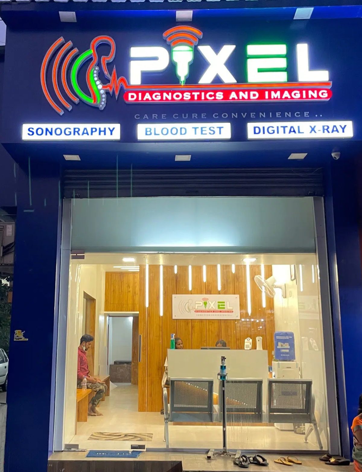 Pixel Diagnostics and Imaging centre at Meera Arcade, Sector 20, Kharghar, with Sonography, Blood Test and Digital X-ray signboards